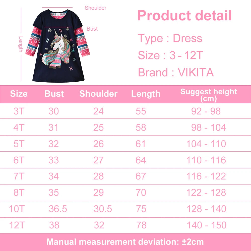VIKITA Girls 2025 New Year Dress Kids Snowflakes Cartoon Christmas Xmas Cotton Casual Straight Dresses Gifts Children Clothing