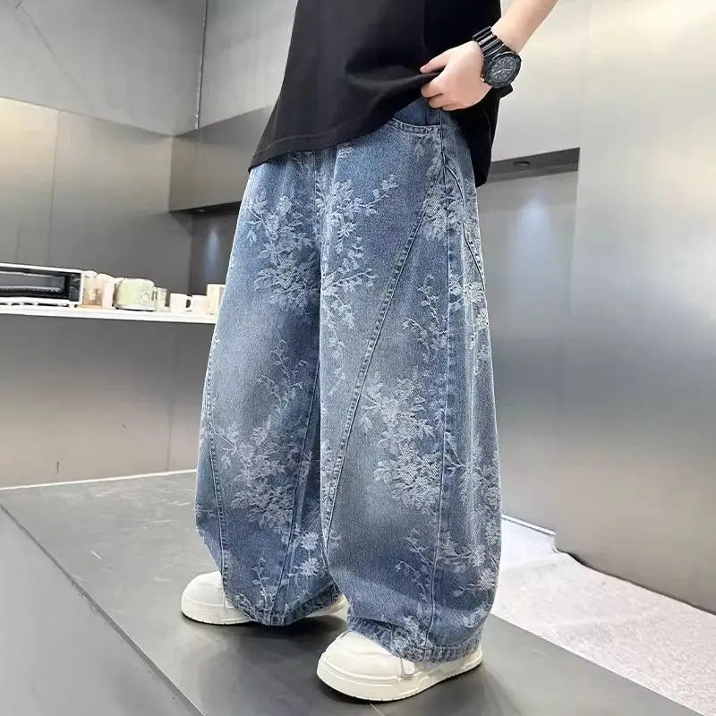 Kids' Casual Wide-Leg Jeans with Jacquard Print - Boys & Girls Big Kids Comfort Fit Spring Autumn Pants