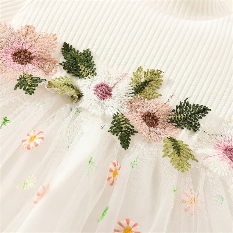 Spring And Autumn New Floral Chiffon Baby Girl Princess Dress, White Long Sleeved Children'S Clothing For Babies Aged 0-3 Years