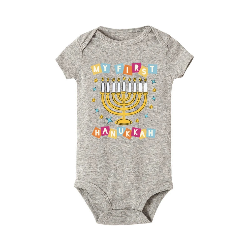 My First Hanukkah Print Baby Bodysuit Boys Girls Jewish Chanukah Short Sleeve Romper Infant Newborn Holiday Outfits Kids Clothes