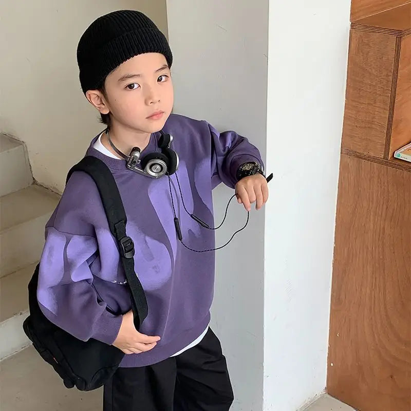 Boys' Medium To Large 2025 New Arrival No Hood Crewneck Spring/Autumn Trendy Street Style Kids Sweatshirt