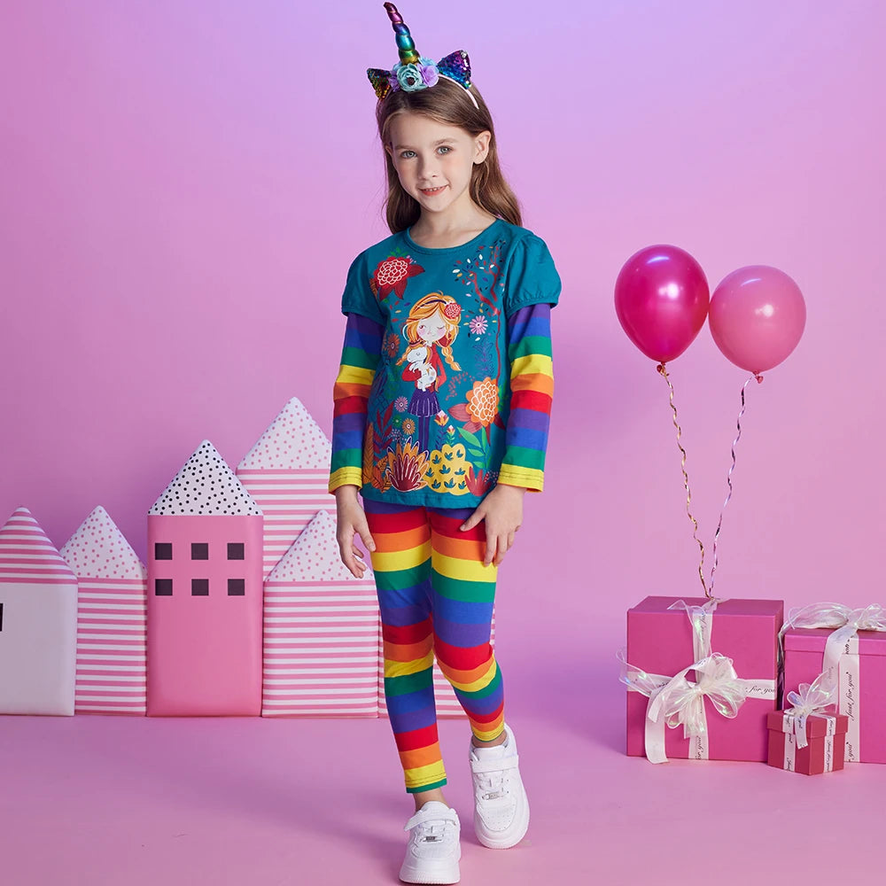 DXTON Winter Girls Tops Floral Printed Toddlers T-shirts Cotton Children Clothing Rainbow Long Sleeve Cartoon Kids Tees For Girl