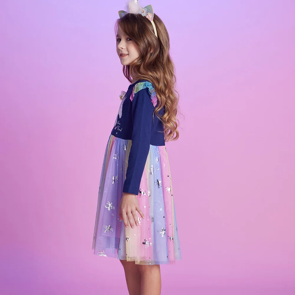 VIKITA Girls Unicorn Dress for Autumn Spring Children Cotton Casual School Costumes Birthday Party Princess Mesh Dress for Girl
