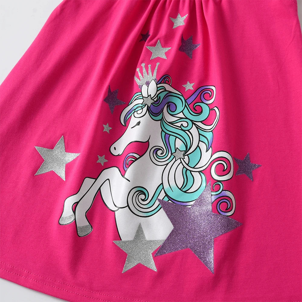 DXTON Summer Girls Dresses Unicorn Children Flying Sleeve Dress Cartoon Toddlers Casual Straight Dresses Kids Clothing 3-12 Year