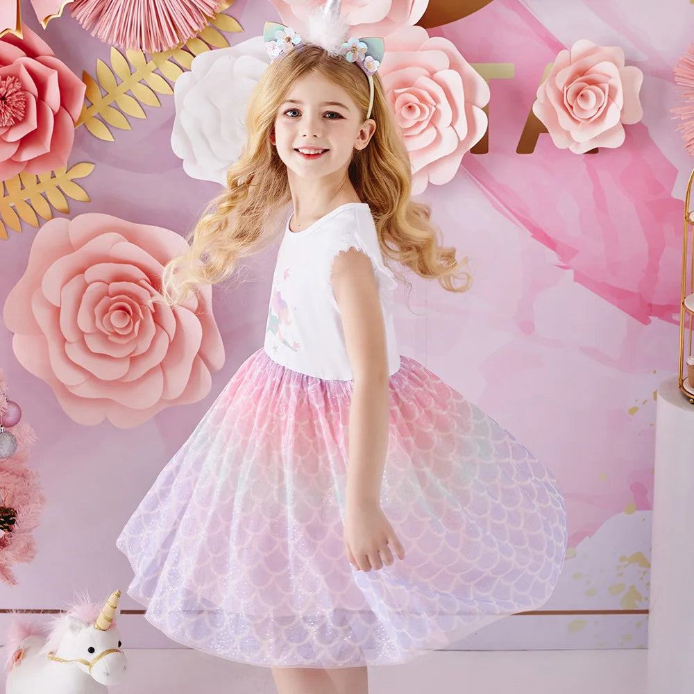 VIKITA Kids Mermaid Print Cartoon Dress Girls Gradient Vacation Birthday Party Casual Princess Flare Sleeve Summer Dresses 3-8 Y