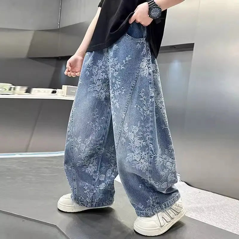 Kids' Casual Wide-Leg Jeans with Jacquard Print - Boys & Girls Big Kids Comfort Fit Spring Autumn Pants