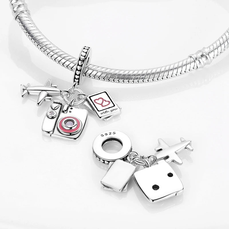 Pink Series Original 925 Sterling Silver Charm Bead Travel Airplane Pendant Fit Original Bracelet Necklace For Women DIY Gift