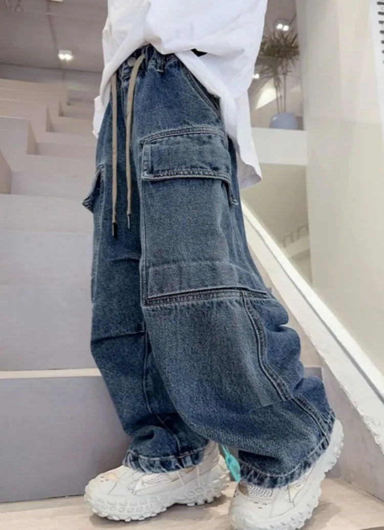 2025 New Boys Cargo Jeans Straight Wide Leg Spring Autumn Toddler Boys Big Boys Spring Fashion Jeans