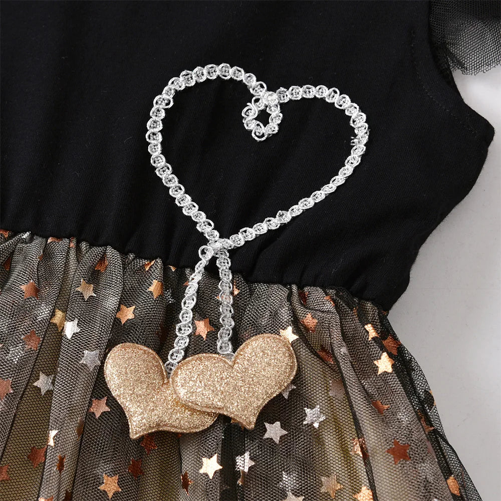 VIKITA Girls Prom Gown Birthday Party Performance Festival Elegant Sequins Princess Dresses Kids Flare Sleeve Mesh Tulle Dress