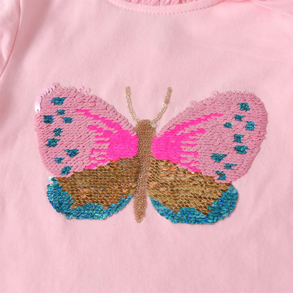 VIKITA Girls Butterfly Sequined Appliqued T Shirt Kids Pink Long Sleeve Cotton Casual Princess Tops and Tees Kids Clothes 3-8Y