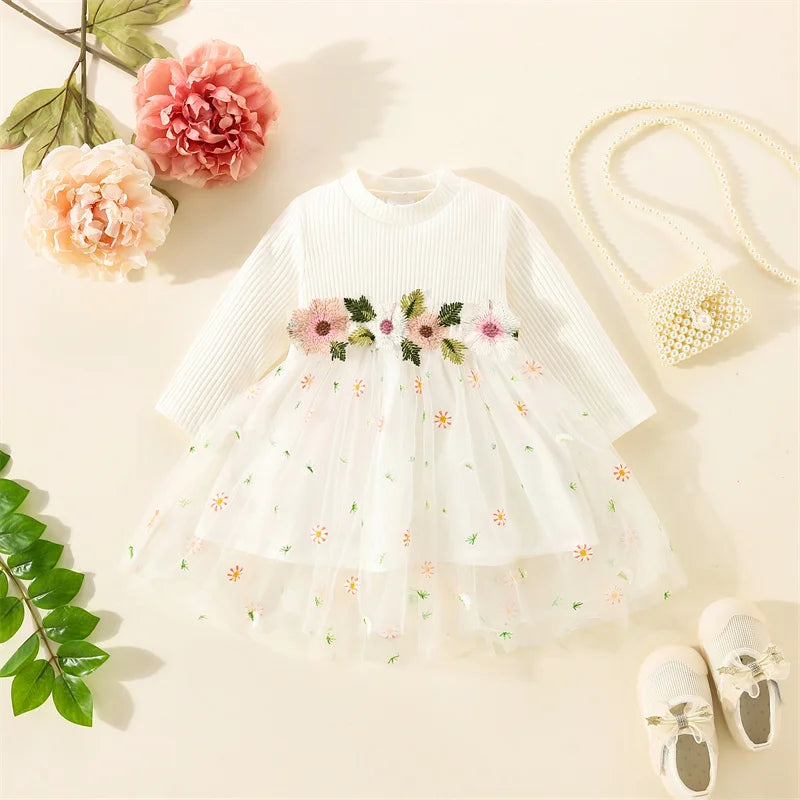 Spring And Autumn New Floral Chiffon Baby Girl Princess Dress, White Long Sleeved Children'S Clothing For Babies Aged 0-3 Years