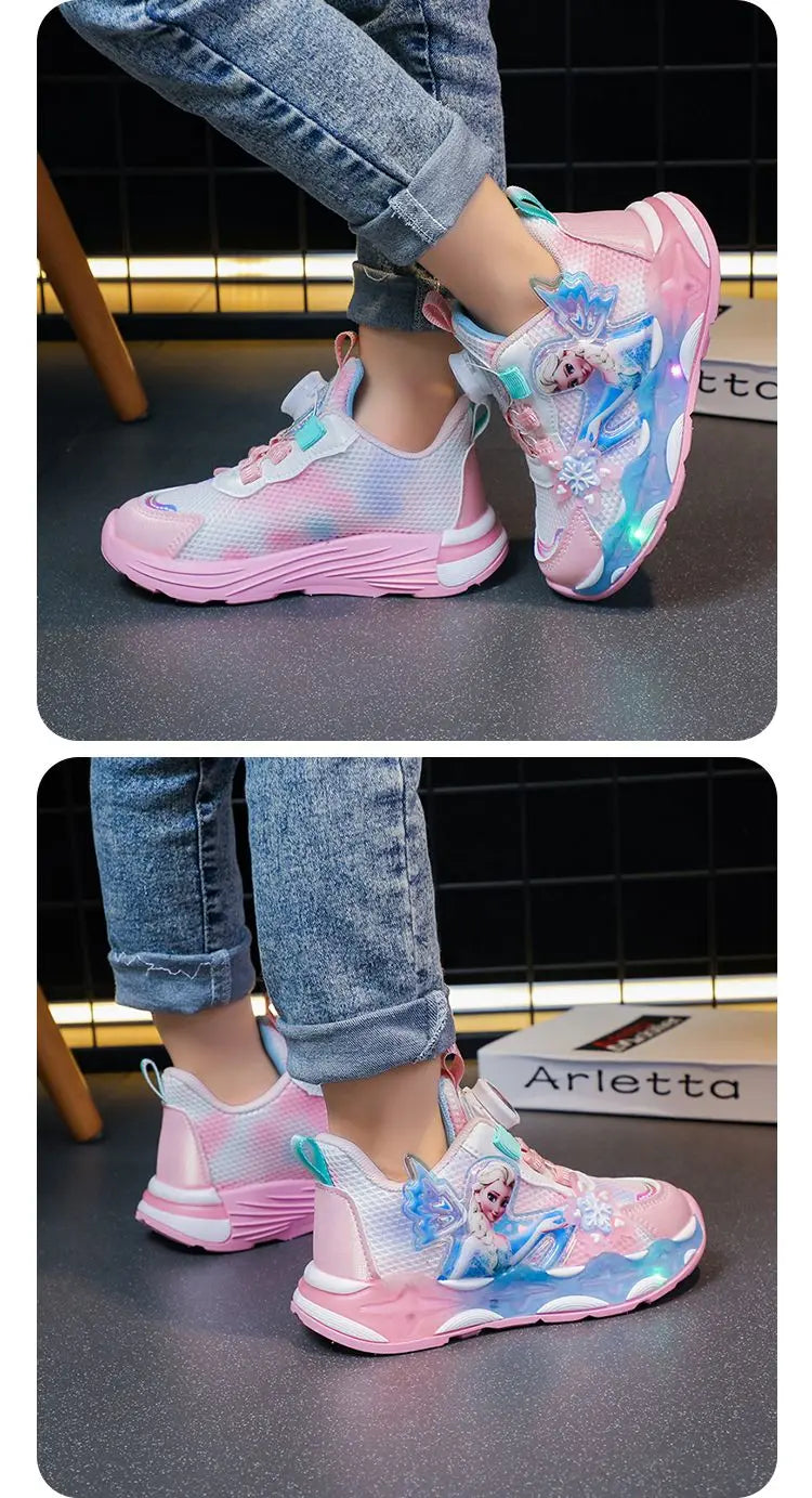 Disney LED Casual Sneakers Spring Girls Frozen Elsa Princess PU Leather Shoes Children Lighted Non-slip Pink Size 23-35