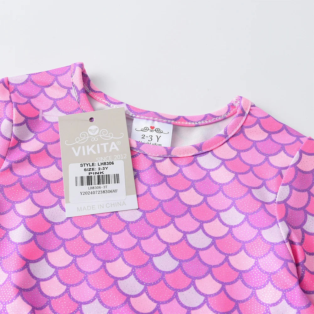 VIKITA Kinderkleidung Meerjungfrauen-Print Polyester Langarm Urlaubskleid Rosa Mädchen Buntes Netz Tüll Prinzessinnenkleid