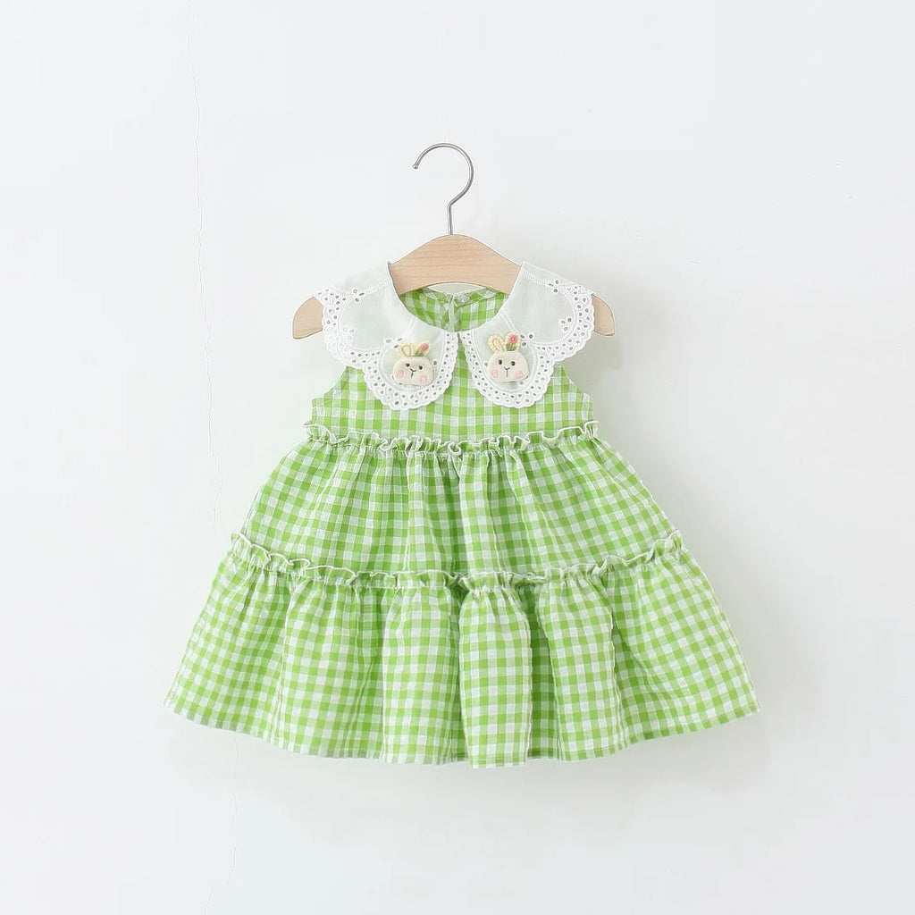 Summer New Simple Style Small Checkered Children'S Sleeveless Clothes, Sweet White Petal Lapel Baby Girl Dress (0-4 Years Old)
