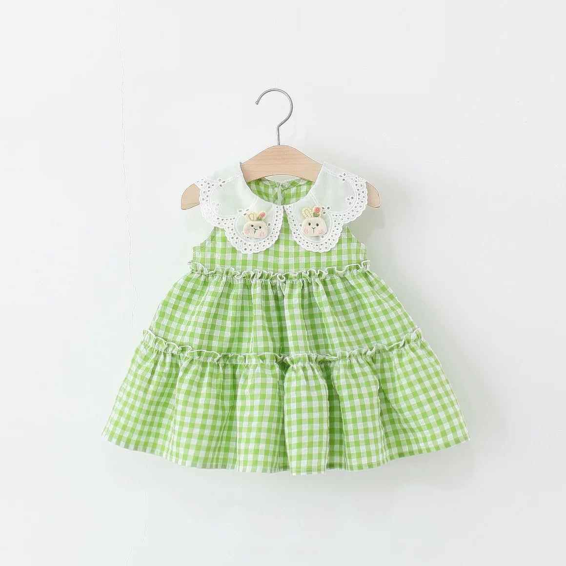 Summer New Simple Style Small Checkered Children'S Sleeveless Clothes, Sweet White Petal Lapel Baby Girl Dress (0-4 Years Old)