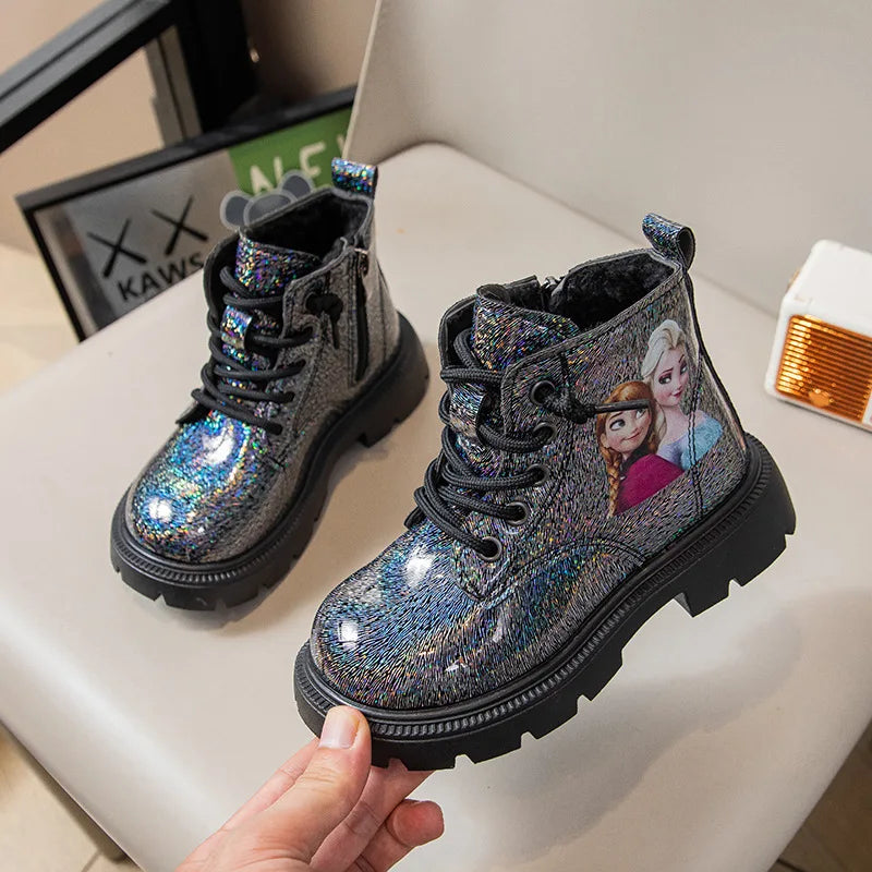 Kids'Casual Shoes Boots PU Leather Cartoon Elsa Spring Shoes For Girls Anti-slip Soft Bottom Black Pink Shoes Size 23-34