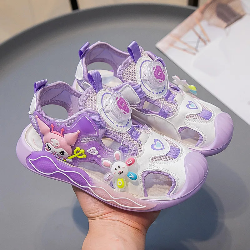 Sandals Girls Cartoon PU Leather Summer Fashion Outdoor Flat Bottom Breathable Anti-slip Pink Purple Size 26-37