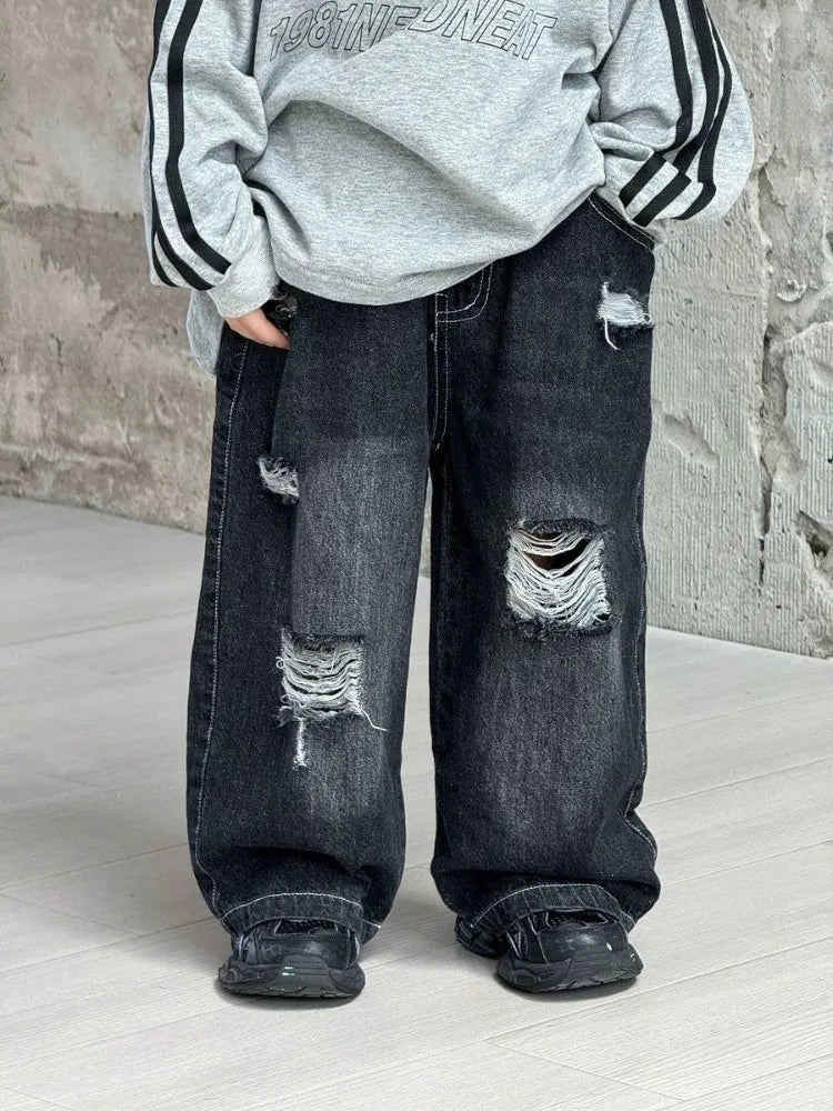 Kids' Korean Style Ripped Jeans Edgy Streetwear Pants for Toddler Boys & Girls Spring/Fall