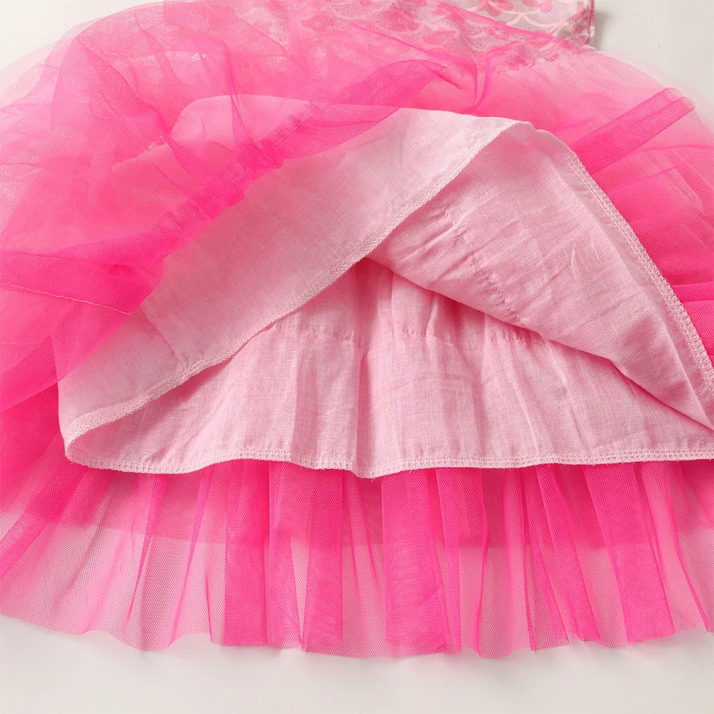 VIKITA Kids Pink Cute Princess Dress Kids Flare Sleeve Flower Print Summer Vestidos Kids Polyester Layered Cake Prom Gown Dress