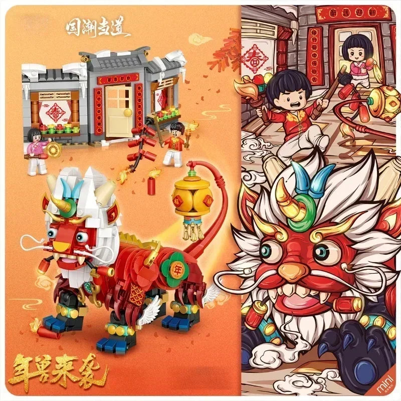 1024PCS Nian Beast Mini Building Blocks Creative Chinese Tradition Culture/Spring Festival/New Year's Toys/Year Monster