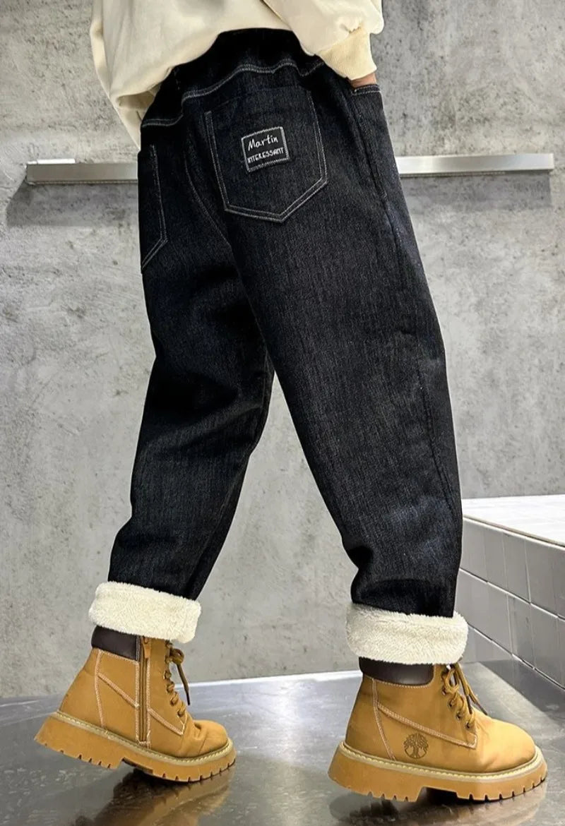 Boys Fleece-Lined Jeans Thermal Winter Pants Thickened Full-Body Cashmere Long Pants for Toddler Boys Outdoor Winter Clothing
