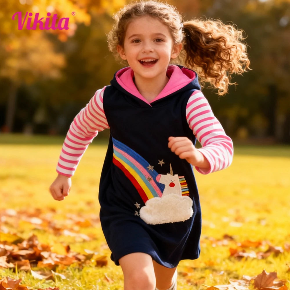 VIKITA Toddlers Hoodies Autumn Spring Winter Straight Dress Kids Unicorn Rainbow Appliqued Striped Street Sports Cotton Dresses
