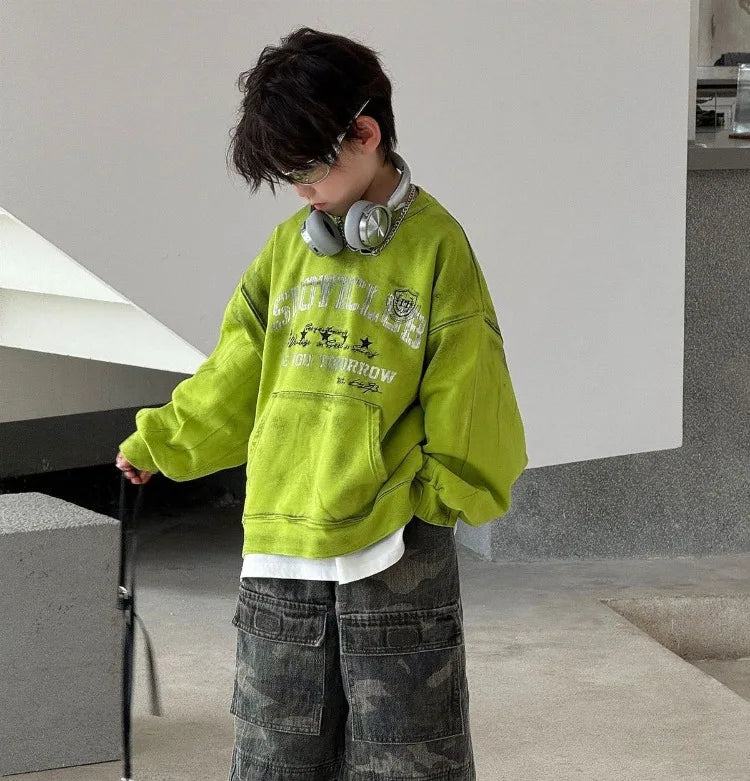 Boys' Vintage Hip-Hop CAMO Wide-Leg Jeans Kids' Spring Autumn 2025 New Release Medium-Large Denim Pants