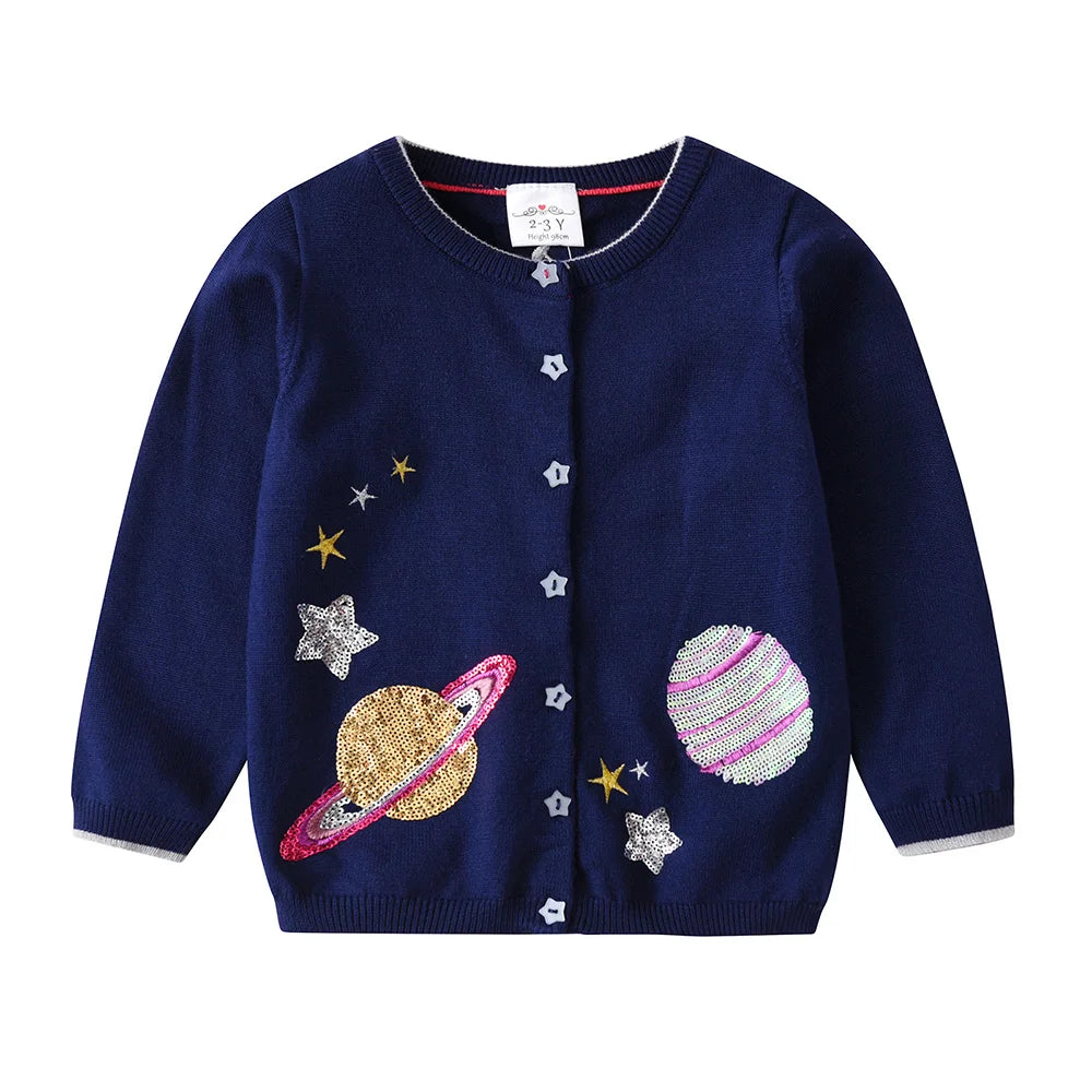 VIKITA Toddlers Navy Blue Gardigan with Sequined Planet Star Appliqued Kids Autumn Spring Fashion Casual Outfits Sweaters 3 Yrs