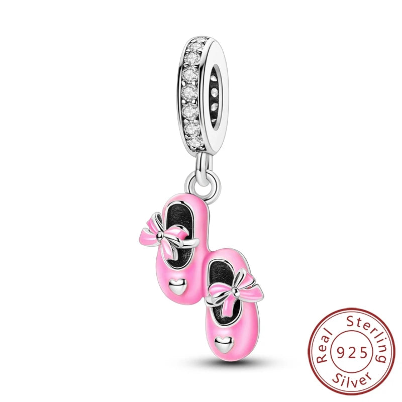 925 Sterling Silver Original Pink Ballet Shoes Charms Ballet Dancer Pendants For Women DIY Bead Fit Original Bracelet Necklace