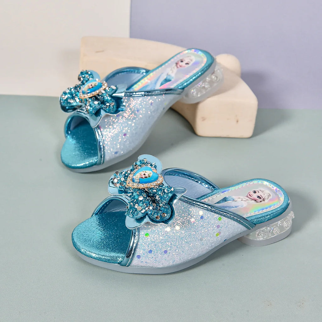 Disney Kids Princess Shoes Frozen Elsa Bowknot Low Heel Slippers Casual Baby Girls Party Wedding Leather Blue Shoes Size 27-36