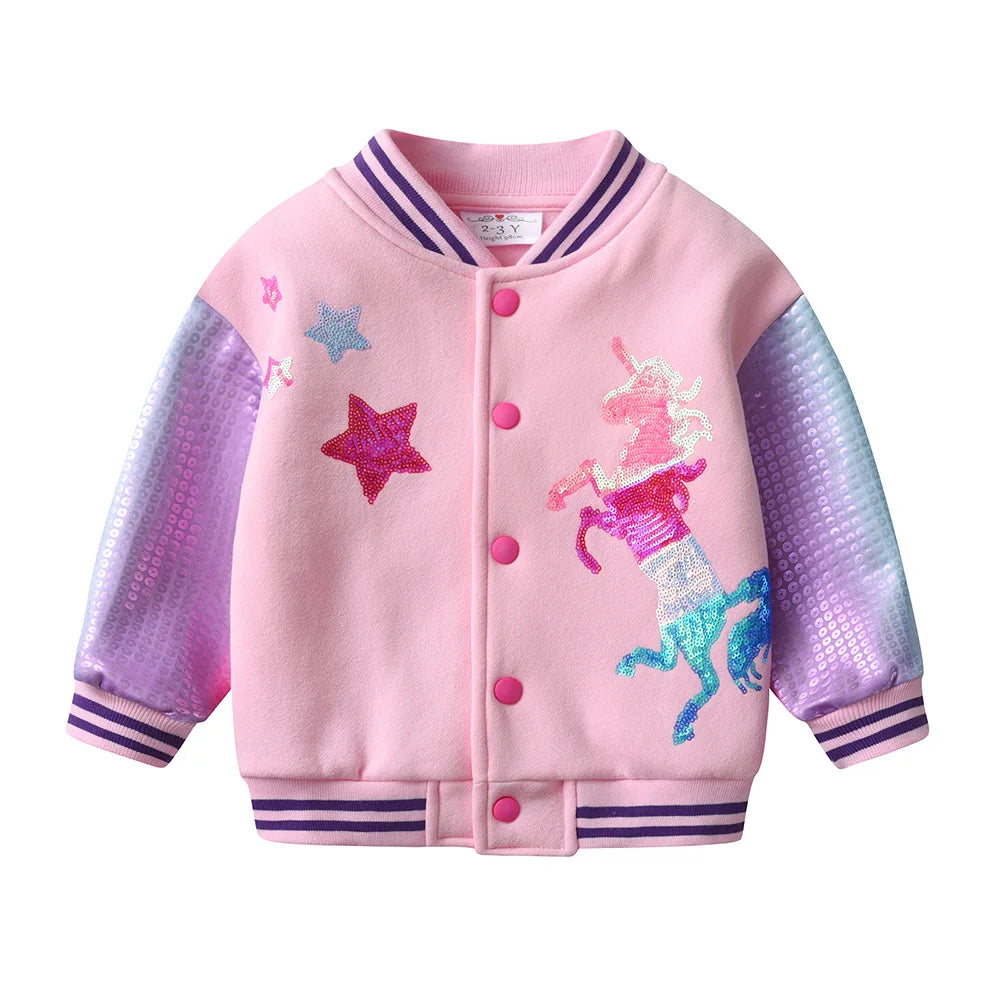 VIKITA Girls Baseball Jacket Teenagers Sports Casual Outerwear Autumn Winter Unicorn Star Sequins Appliqued Thick Warm Jackets