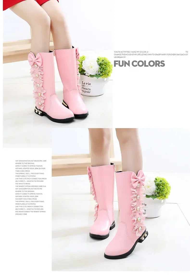 Girls Boots Autumn Winter Kids Princess Boots Lace Pearls with Bow-knot Sweet Warm Cotton Fur Lining Children Long Boots High