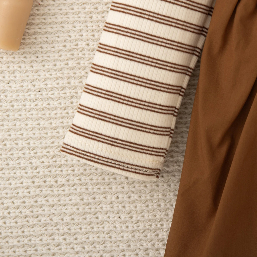 Spring And Autumn New Brown Striped Long Sleeved Baby Girl Dress, Cute Cloud Children'S Clothing For Babies Aged 6-24 Months