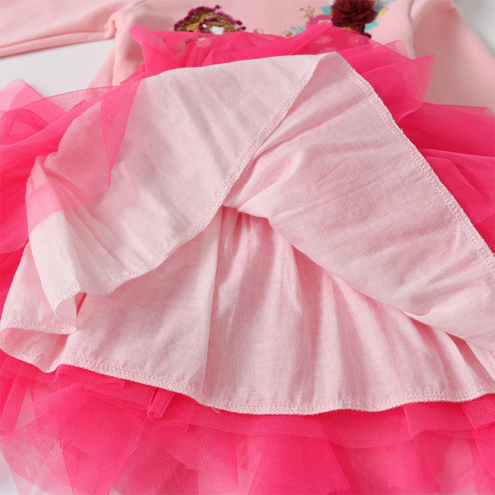 VIKITA Kids Hoodies Dress Girls Patchwork Pink Dresses Girls Sequined Butterfly Appliqued Mesh Tulle Princess Thick Tutu Dress