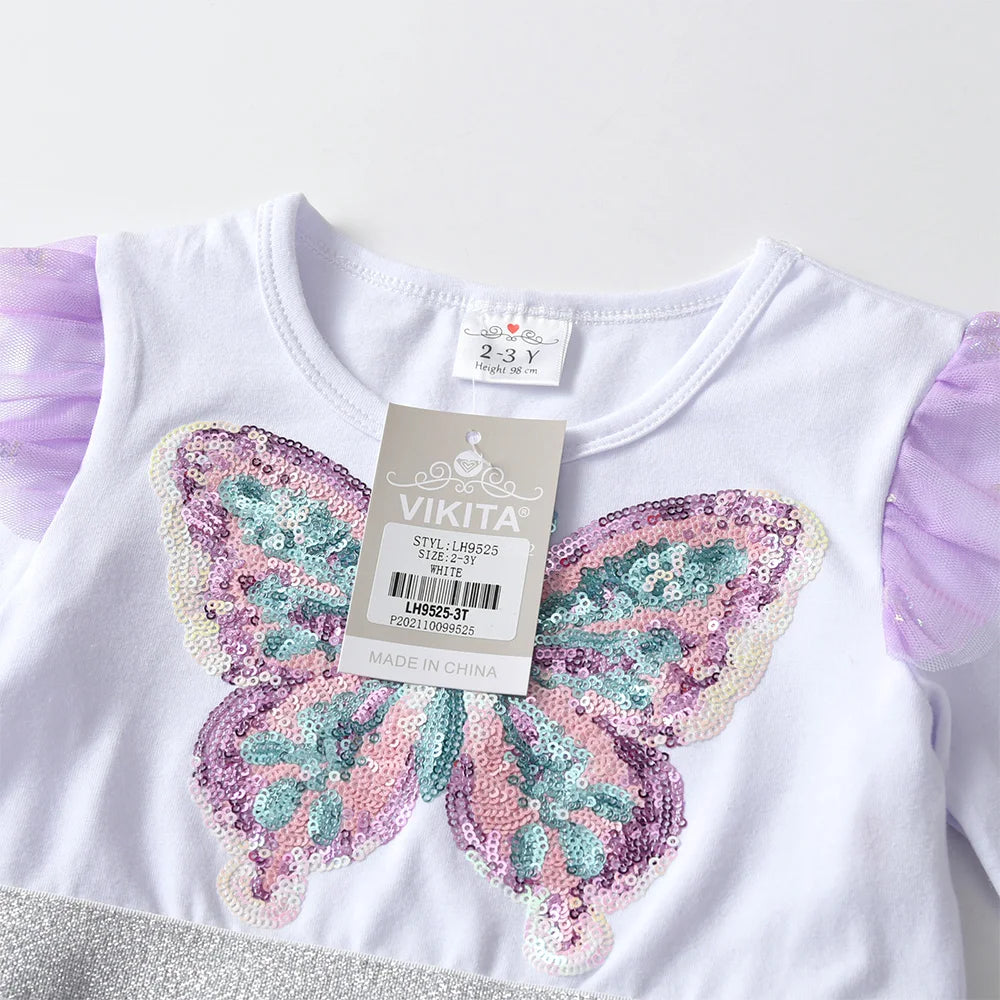 VIKITA Girls Butterfly Sequined Elegant Dress Kids Autumn Spring Purple Gradient Mesh Tulle Princess Party Performance Prom Gown