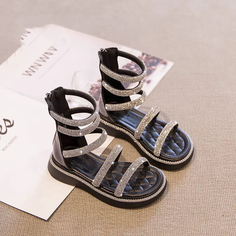 Kids'Sandals PU Leather Summer Beach Shoes For Girls Crystal Peep Toe Breathable Soft Bottom White Black Shoes Size 26-36