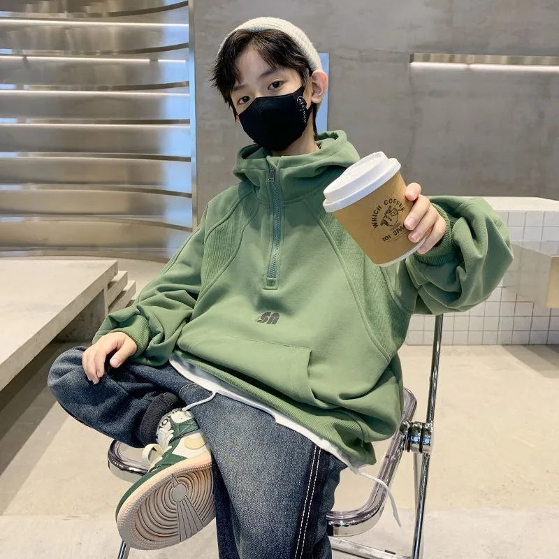 2025 New Boys' Mid-Large Spring-Autumn & Autumn-Winter Fleece-Lined Thickened Hooded Hoodie - Trendy Streetwear Boys' Top