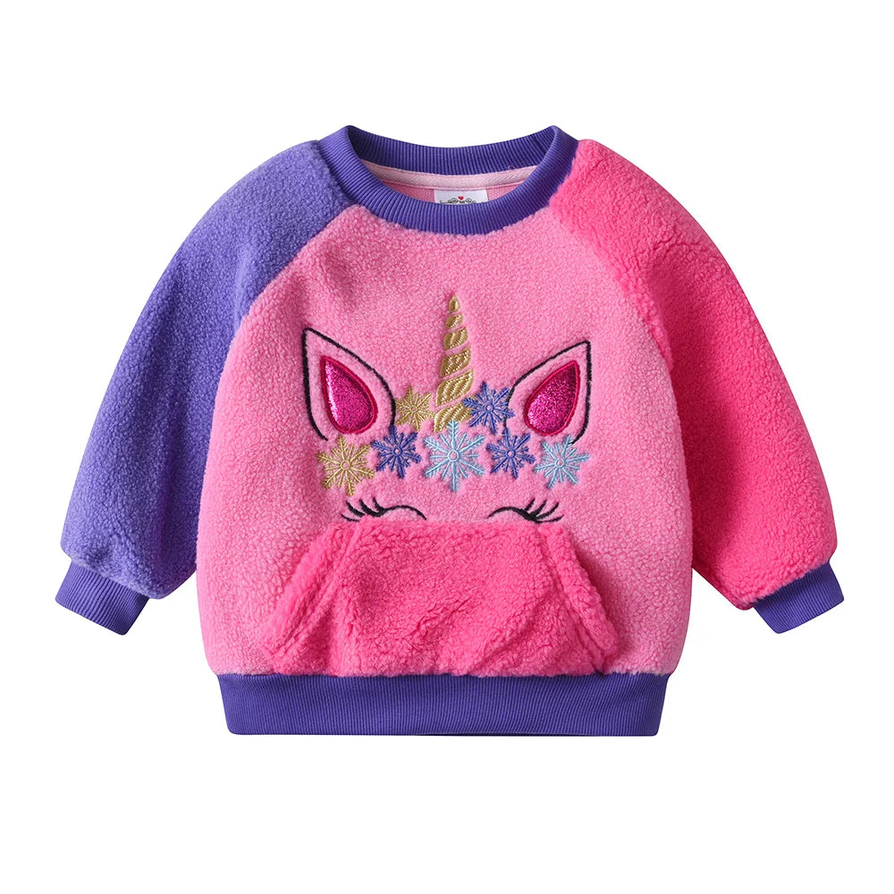 VIKITA Girls Fleece Sweatshirts Kids Autumn Winter Unicorn Appliqued Long Sleeve Sports Casual Outwear Children's Tops Pullover