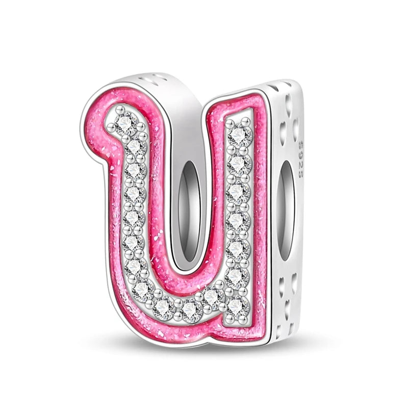 Pink Girl Series 925 Sterling Silver Alphabet Charms Beads Cute Letter Fit Original Bracelet Bangle Necklace DIY Jewelry