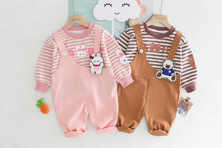 New Autumn Baby Girls Clothes Set Children Boys Striped T-Shirt Overall 2Pcs/Set Kids Clothing Infant Costume Toddler Tracksuits