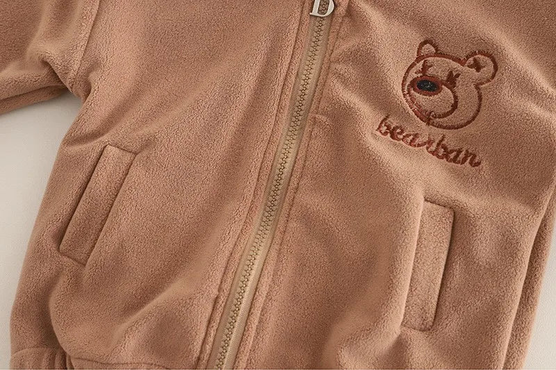 Autumn Winter Baby Boys Warm Clothes Set Thick Fleece Cartoon Bear Zipper Hooded Jacket Pants 2Pc For 1-5 Years Girls Sport Suit