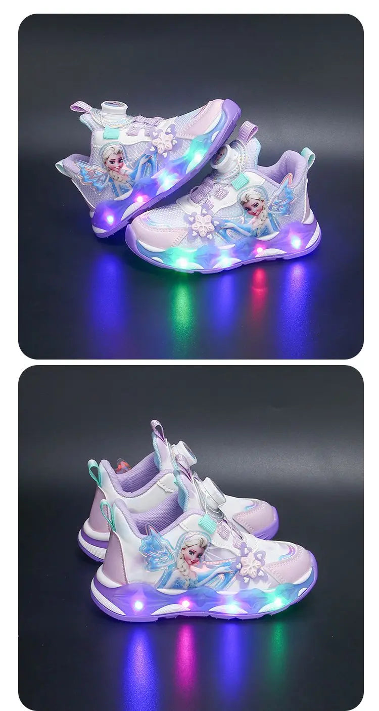 Disney LED Casual Sneakers Spring Girls Frozen Elsa Princess PU Leather Shoes Children Lighted Non-slip Pink Size 23-35