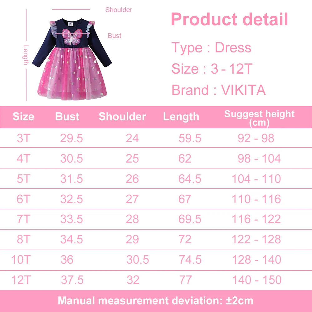 VIKITA Toddlers Polka Dot Colorful Butterfly Ruffled Sleeved Dress Kids Gradient Pink Mesh Tulle Princess Birthday Party Frocks