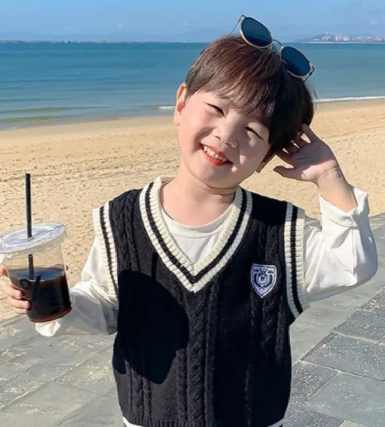 Boys' Knit Vest 2025 Spring Autumn New Preppy Style Kids' Outerwear Trendy Baby Boy Vest for School Casual Wear