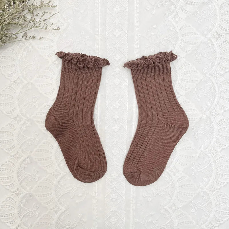 Ruffle Kids Knee High Socks Baby Girls Toddlers Long Soft Cotton Sock Lace Flower Children School Uniform Socks For 0-8Years