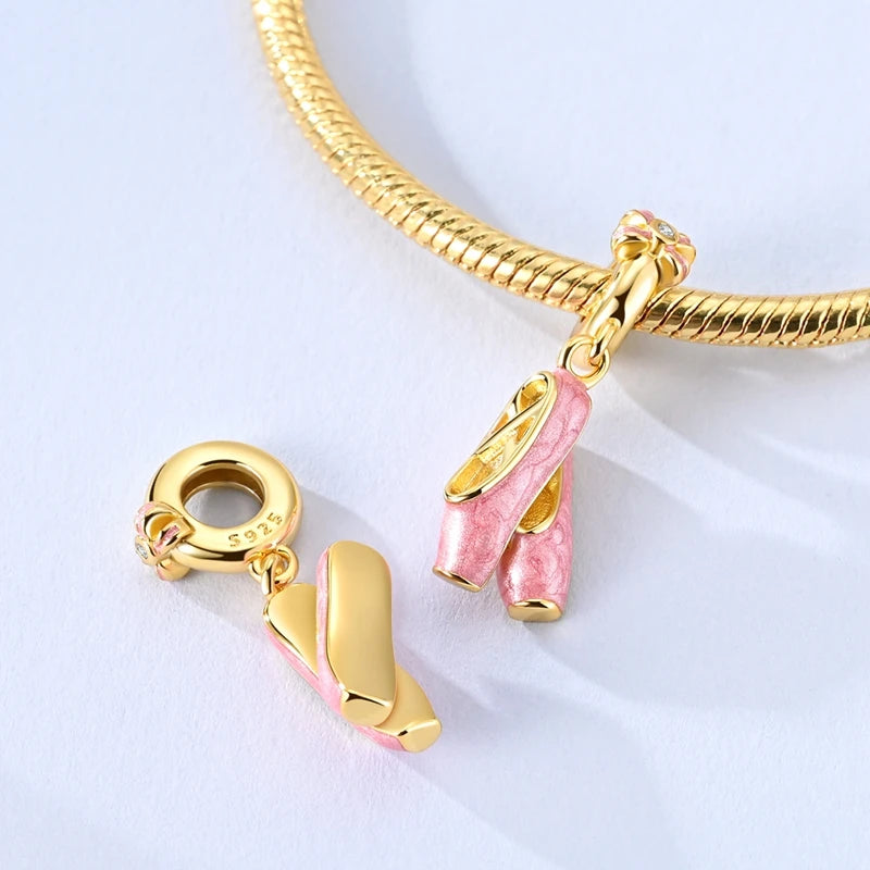 925 Sterling Silver Original Pink Ballet Shoes Charms Ballet Dancer Pendants For Women DIY Bead Fit Original Bracelet Necklace