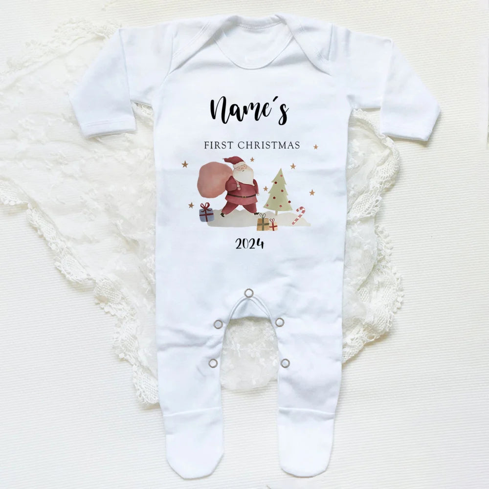 Personalised Baby's First Christmas Clothing Custom Name Baby Long Sleeve Romper Christmas Costume Baby's 1st Christmas Footies