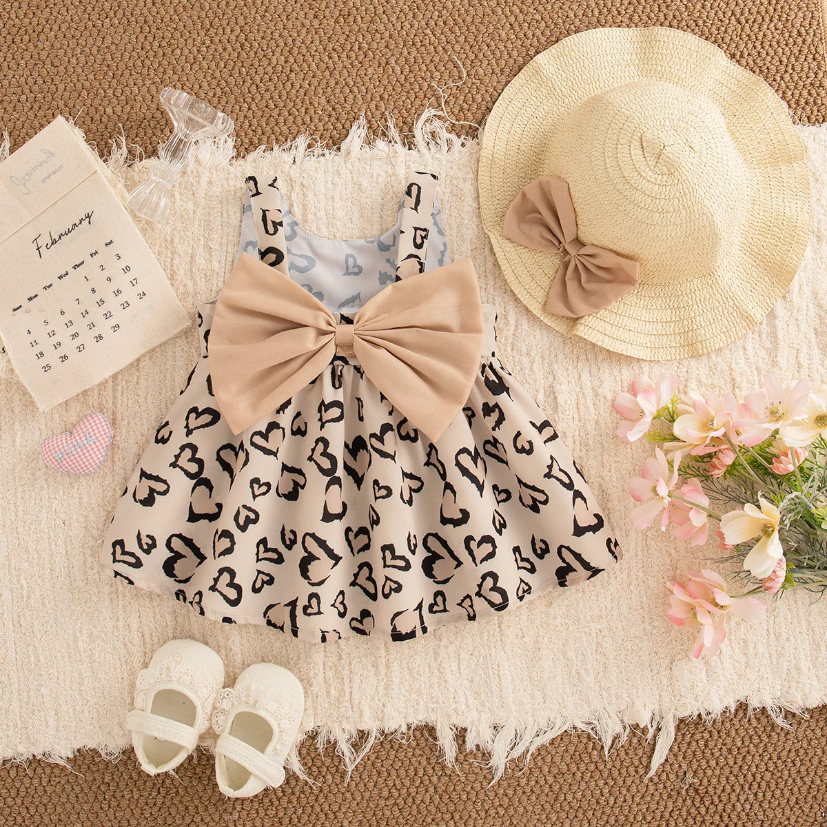 6-24 Months Summer New Sweet Bow Baby Girl Dress, Cute Leopard Print Children'S Clothes With Free Hat For Beach Parties