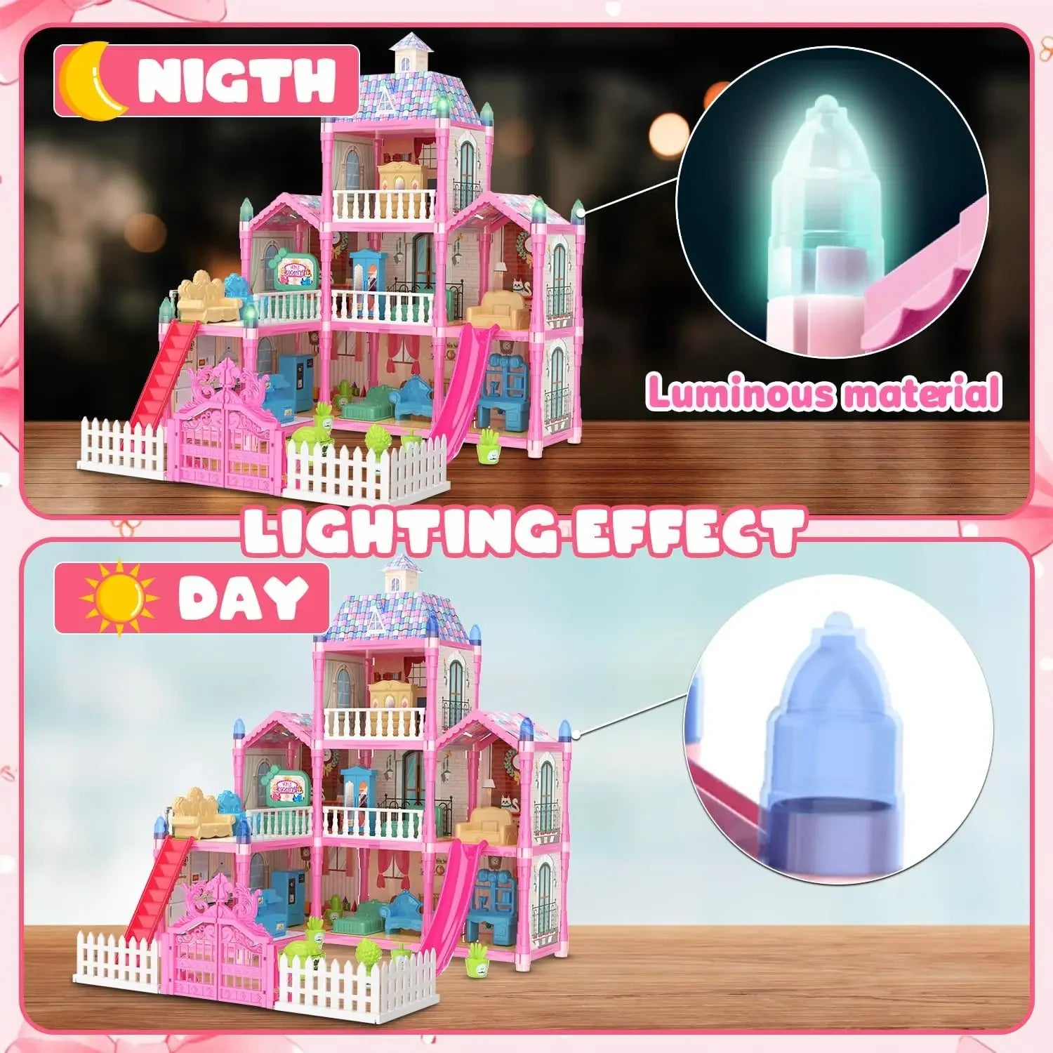 Luminous Doll House Dreamhouse for Girls Princess Playhouse Set with Dolls Furniture Accessories Pretend Play Birthday Gifts