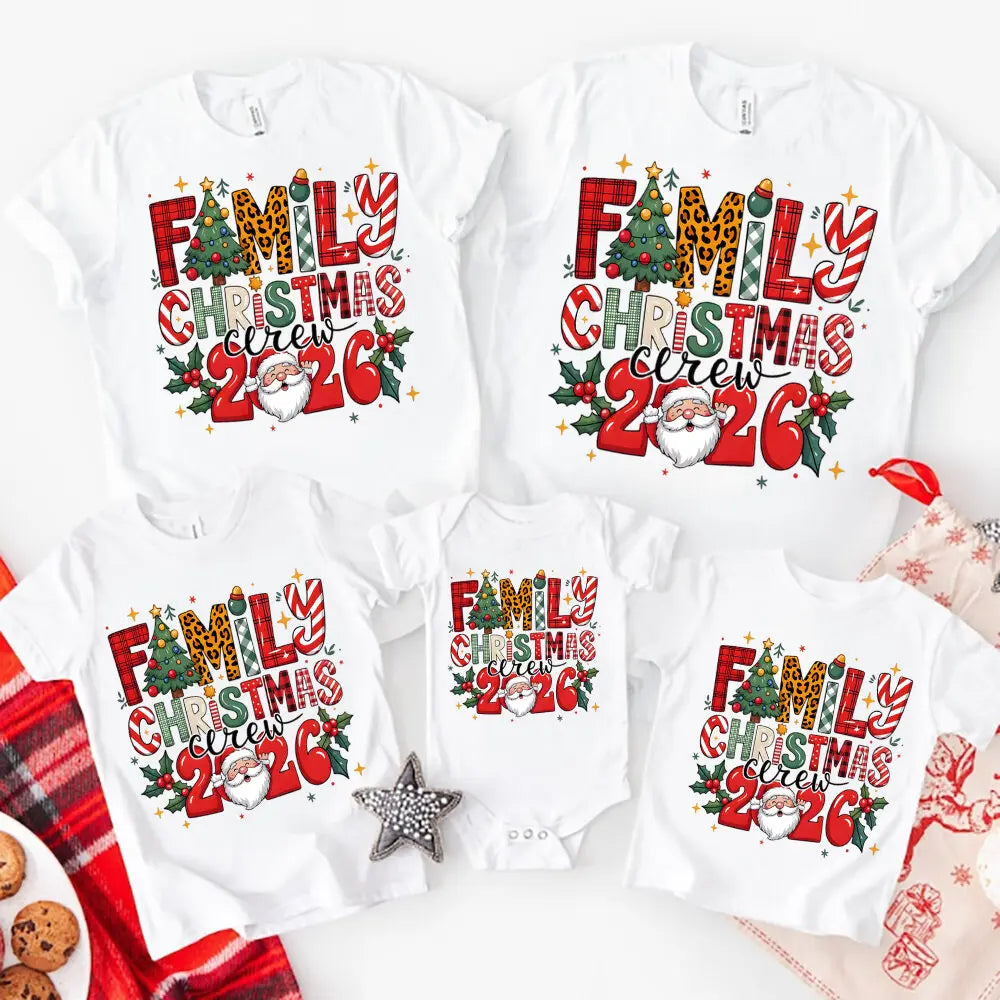 Family Christmas Crew 2025 Print Matching Outfits Christmas Day Short Sleeve Family Tees Shirt Outfit Holiday Casual Clothing